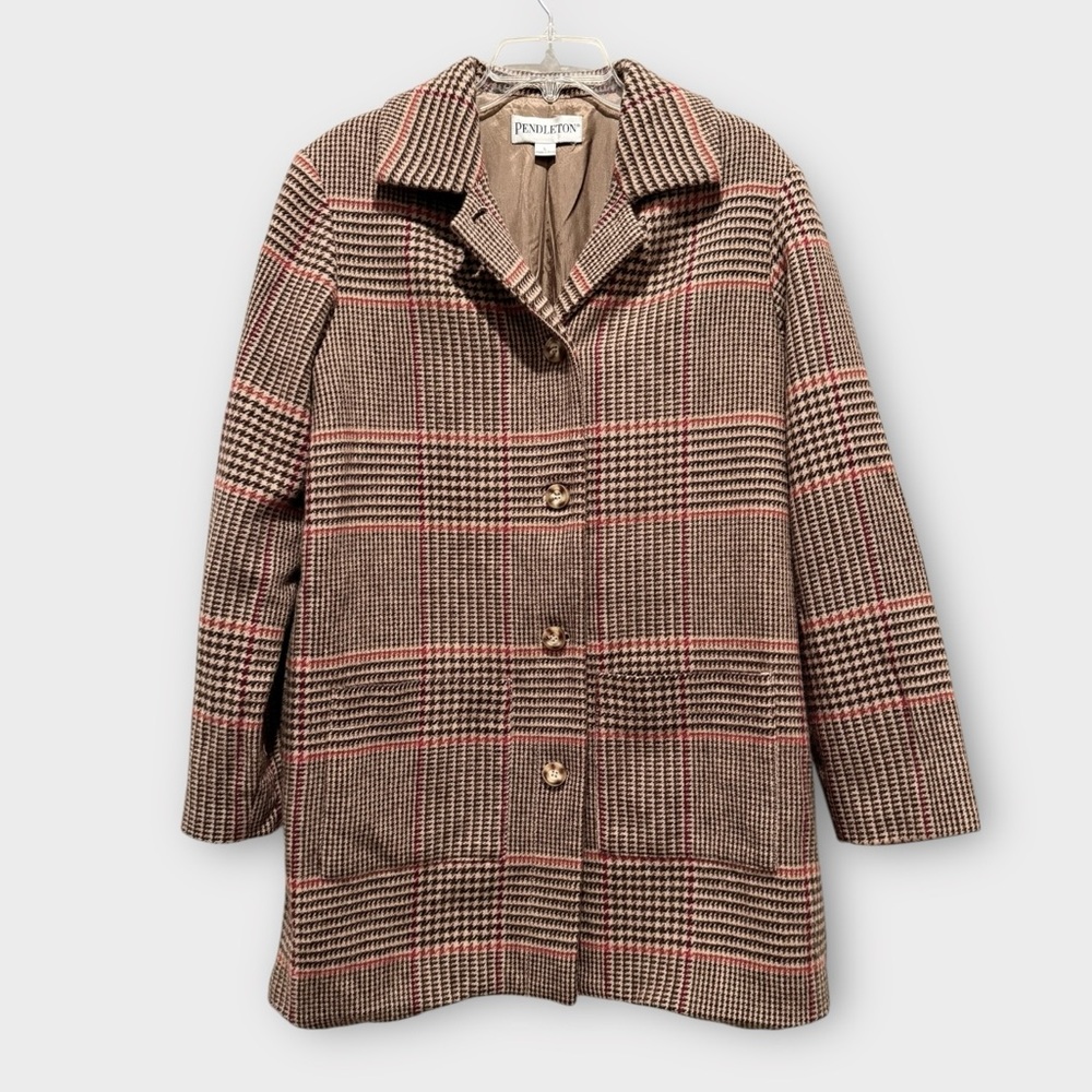 Vintage Pendleton Brown Wool Houndstooth Plaid Coat Jacket Overcoat Sz L